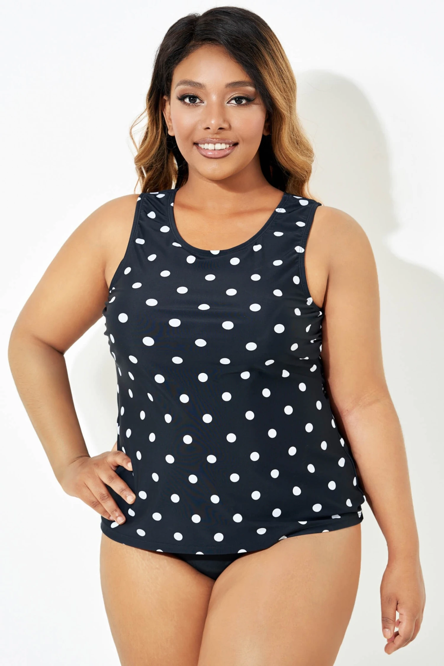 Black Fashionable Polka Dot Coverage Tankini Top - Image 5