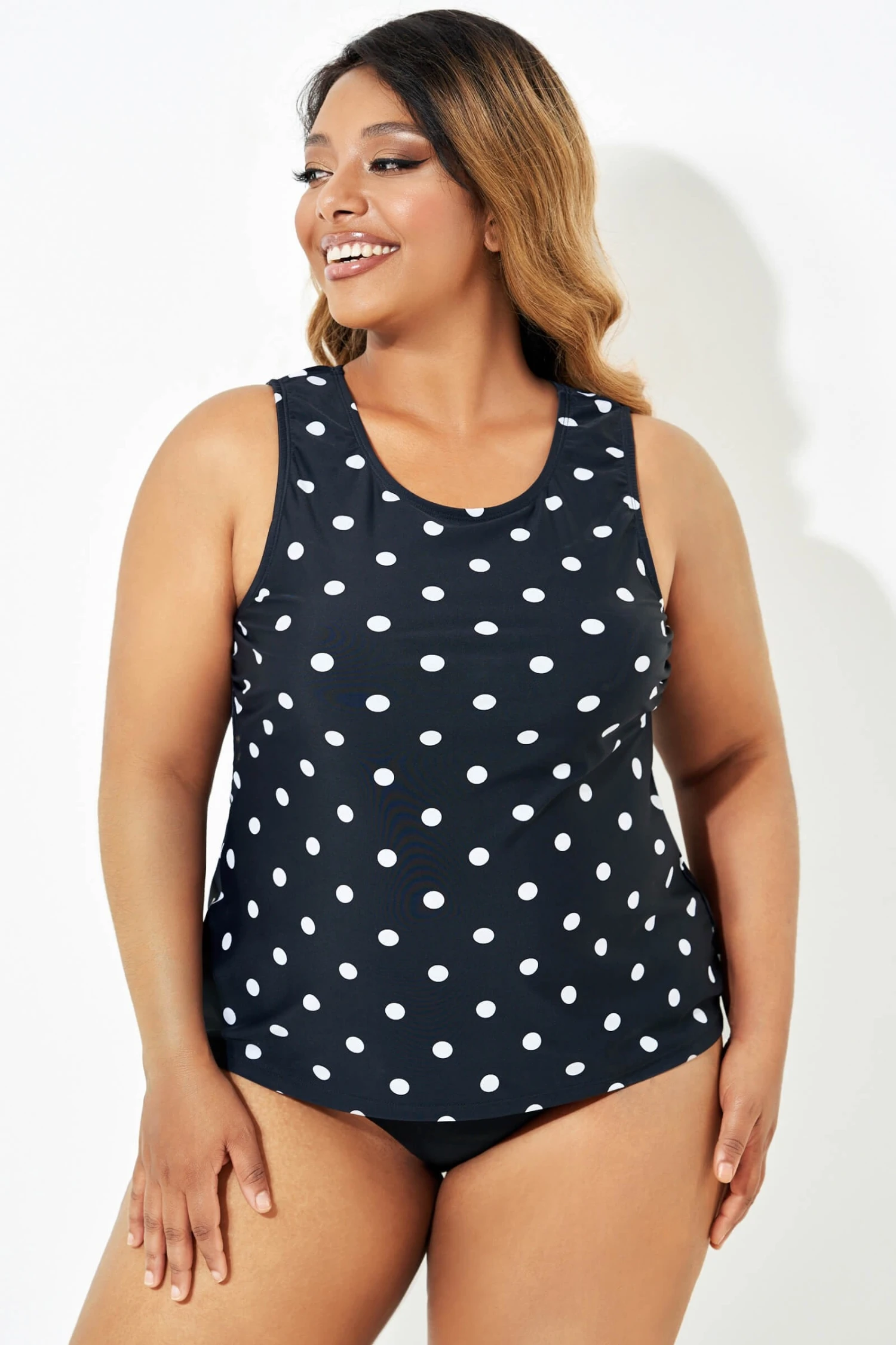 Black Fashionable Polka Dot Coverage Tankini Top - Image 6