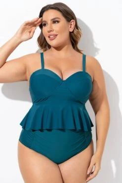 Green Ruched Hem Sweetheart Neckline Underwire Tankini Top