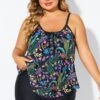 Black Spaghetti Strap Floral Print Tankini Top