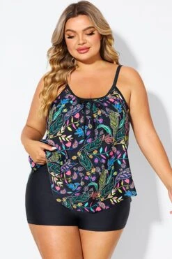Black Spaghetti Strap Floral Print Tankini Top