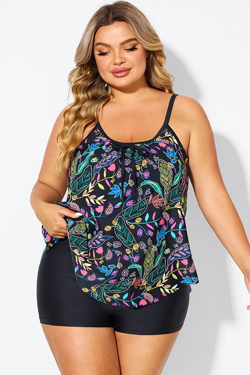 Black Spaghetti Strap Floral Print Tankini Top