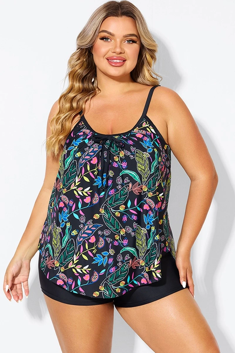 Black Spaghetti Strap Floral Print Tankini Top - Image 3