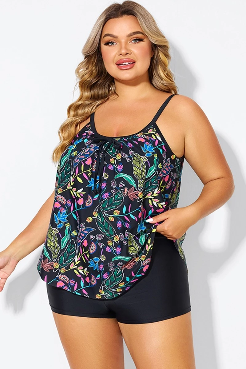 Black Spaghetti Strap Floral Print Tankini Top - Image 6