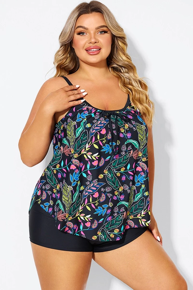 Black Spaghetti Strap Floral Print Tankini Top - Image 5