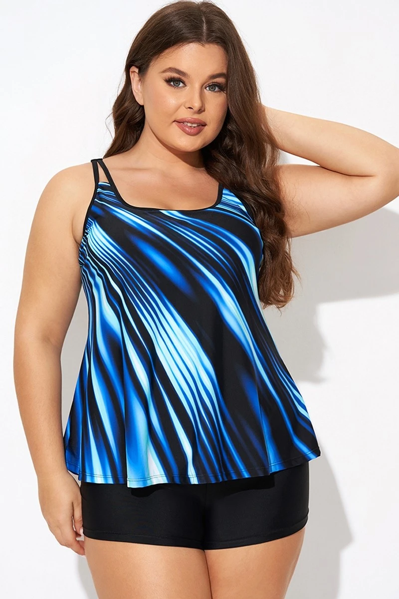 Round Neck Blue Ombre Printed Tankini Top
