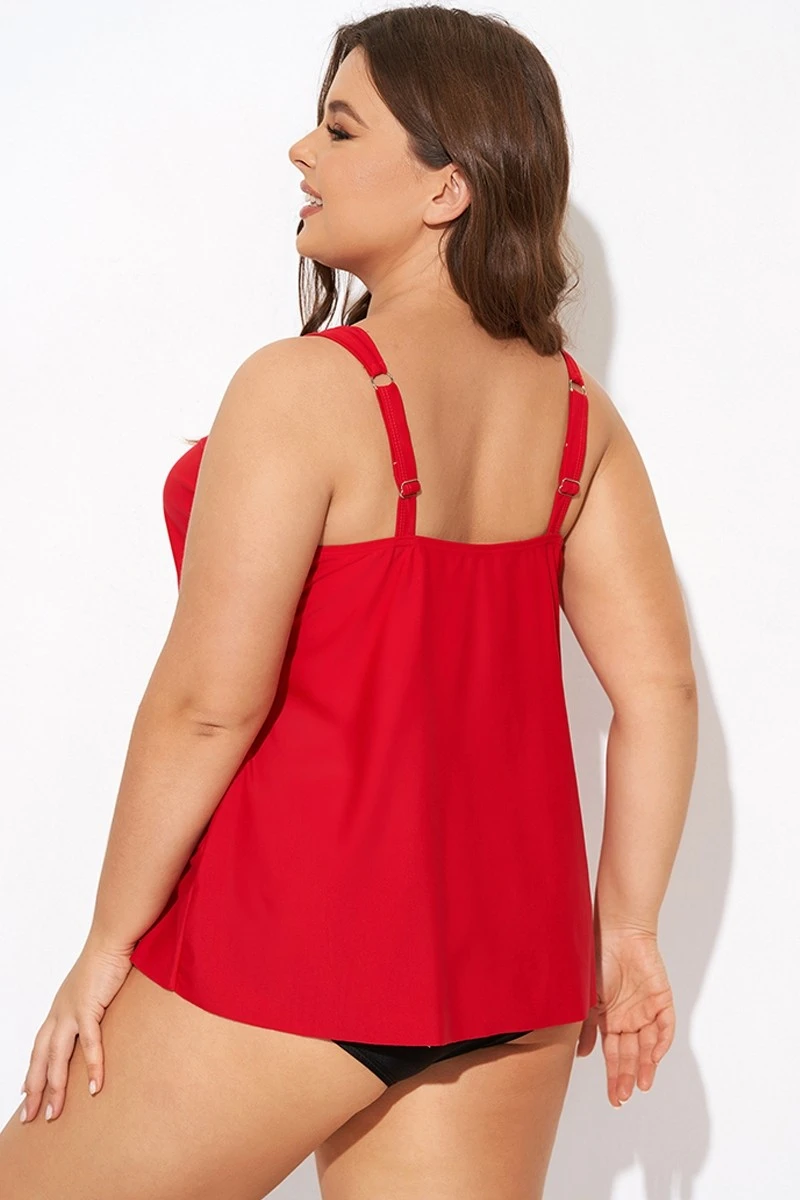 Solid Red Flowy Front Full Straight Back Tankini Top - Image 2