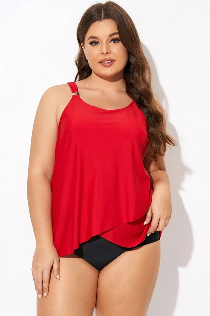 Solid Red Flowy Front Full Straight Back Tankini Top - Image 3