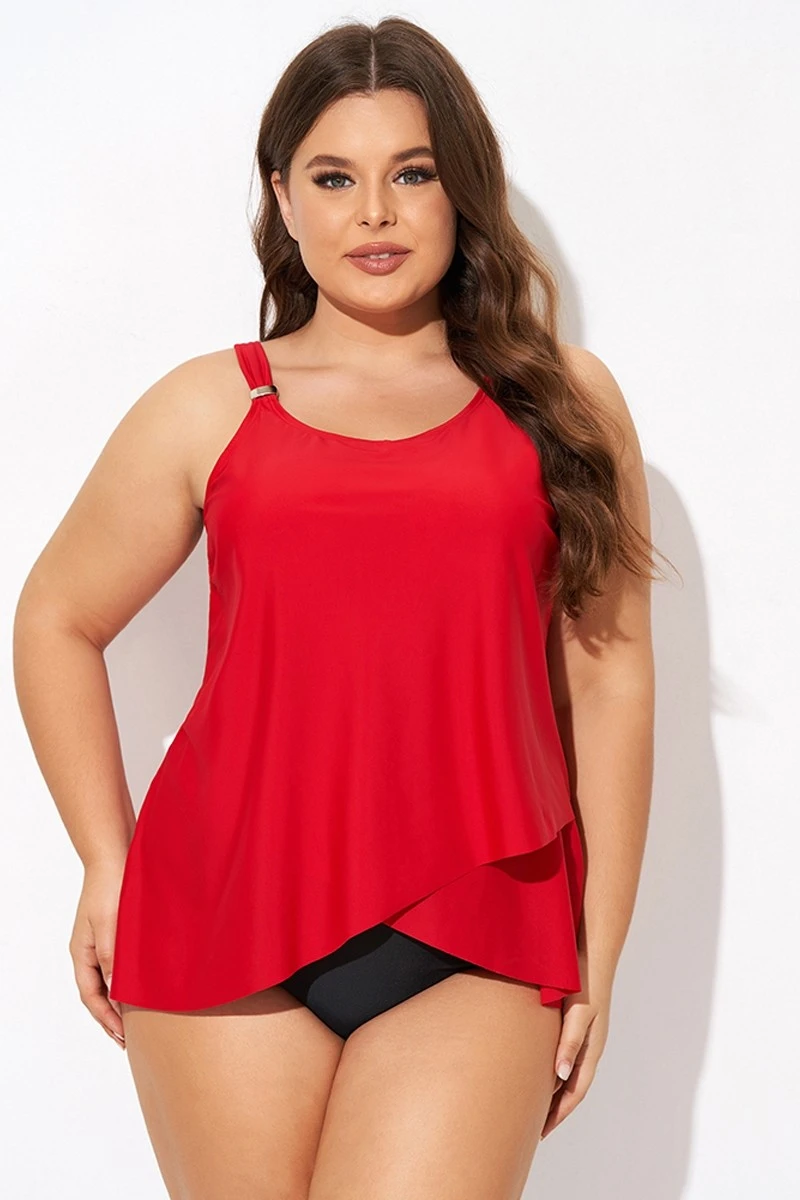 Solid Red Flowy Front Full Straight Back Tankini Top - Image 4
