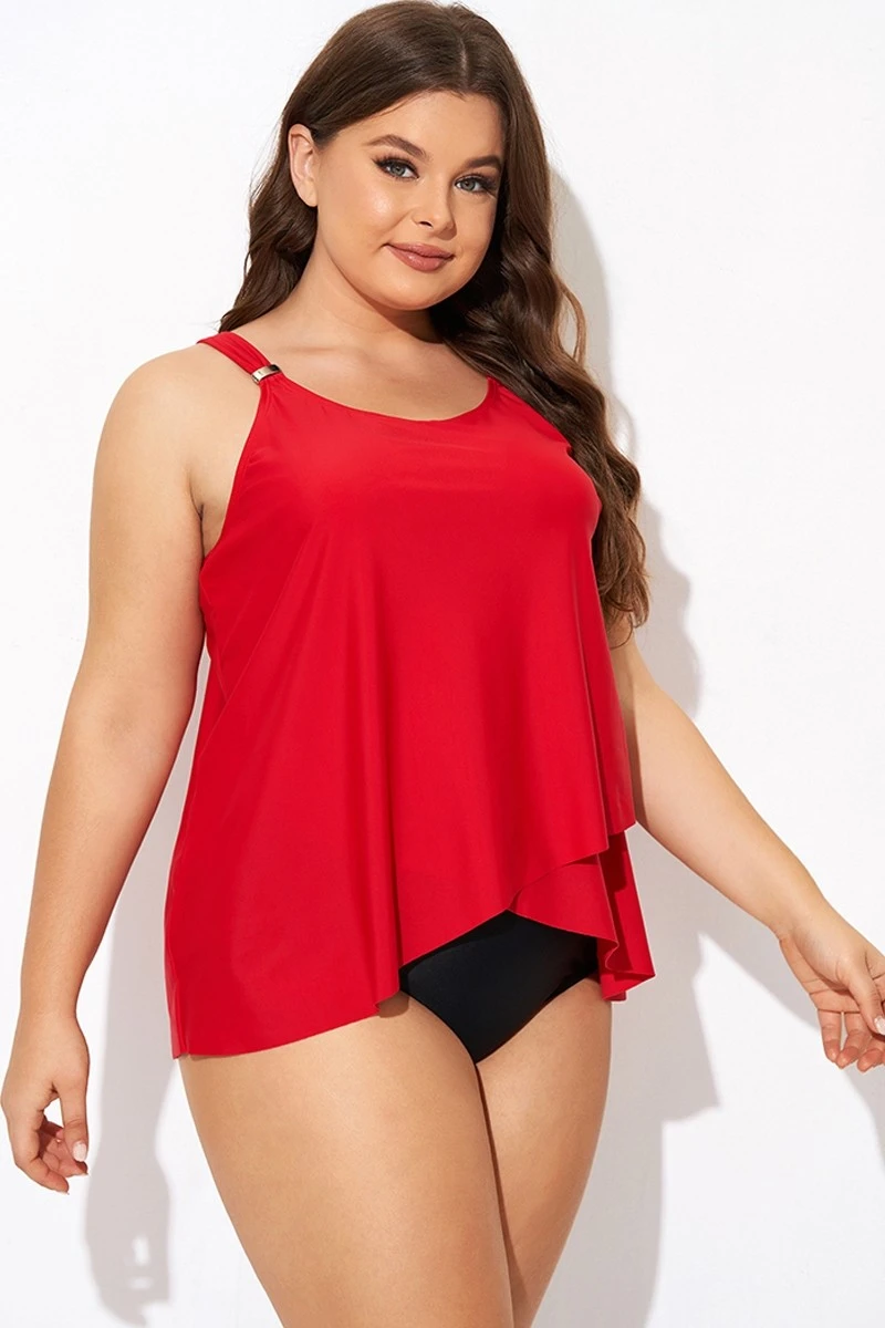 Solid Red Flowy Front Full Straight Back Tankini Top - Image 6