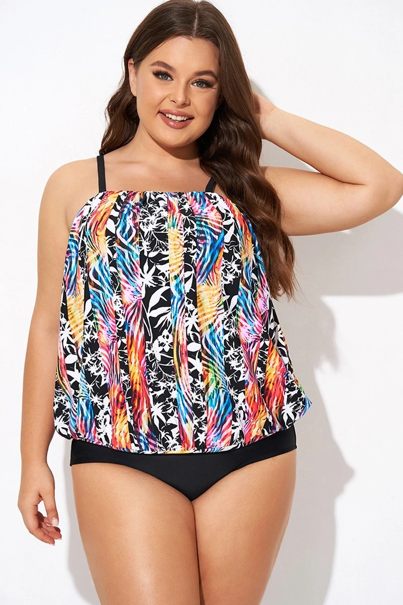 Detachable Neck Strap Blouson Bandeau Tankini Top - Image 3