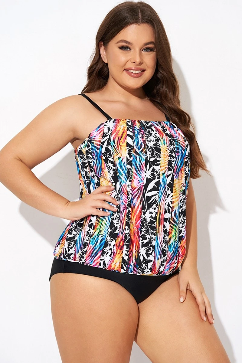 Detachable Neck Strap Blouson Bandeau Tankini Top - Image 5