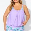 Plus Size Floral Print Light Purple Tankini Top