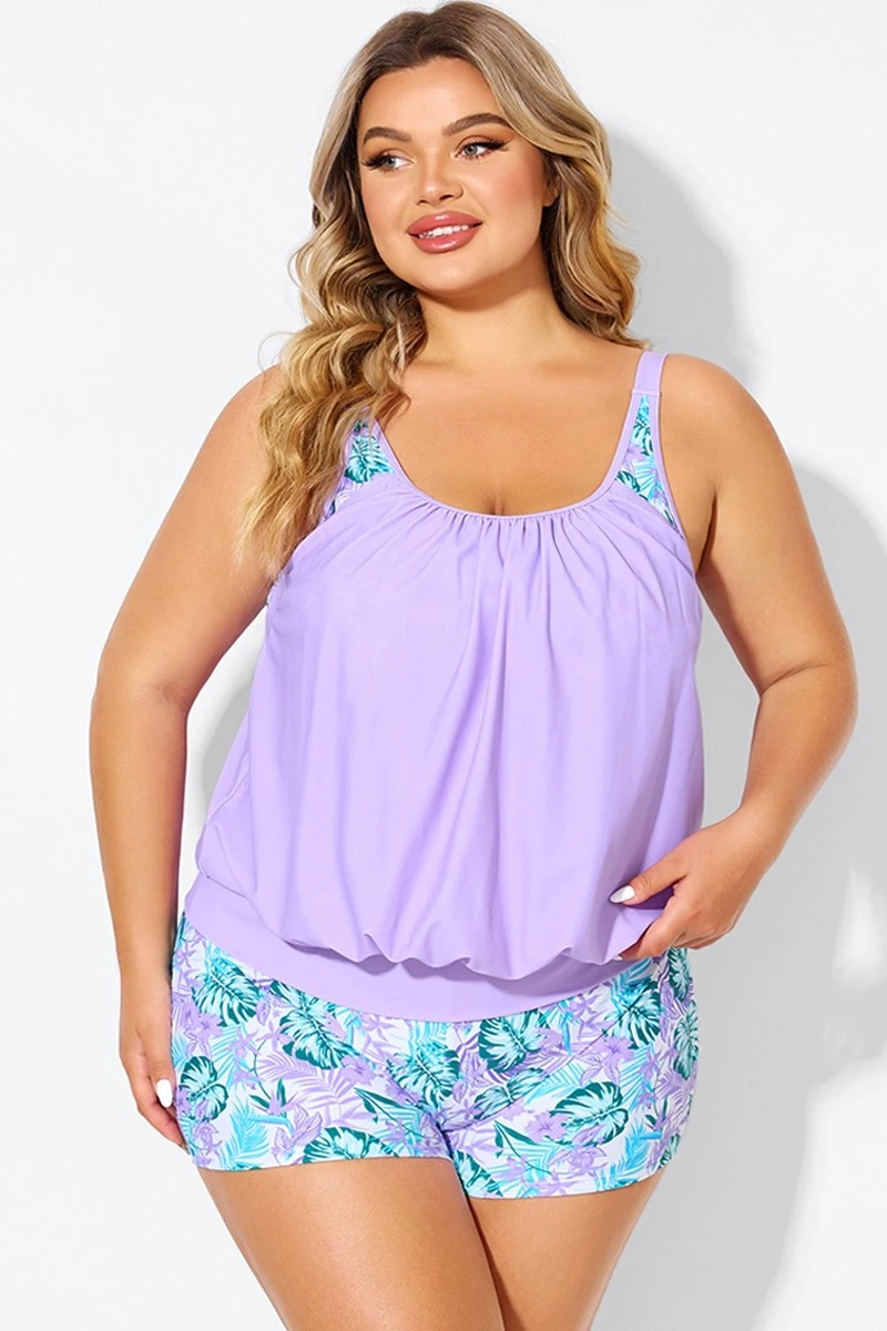 Plus Size Floral Print Light Purple Tankini Top