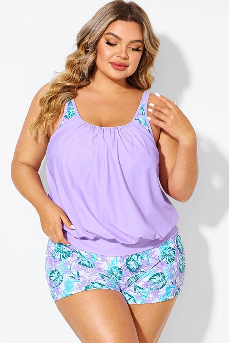 Plus Size Floral Print Light Purple Tankini Top - Image 4