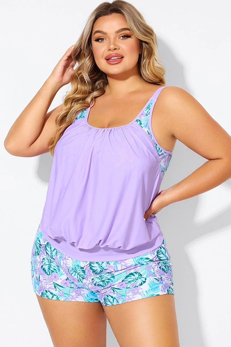 Plus Size Floral Print Light Purple Tankini Top - Image 5