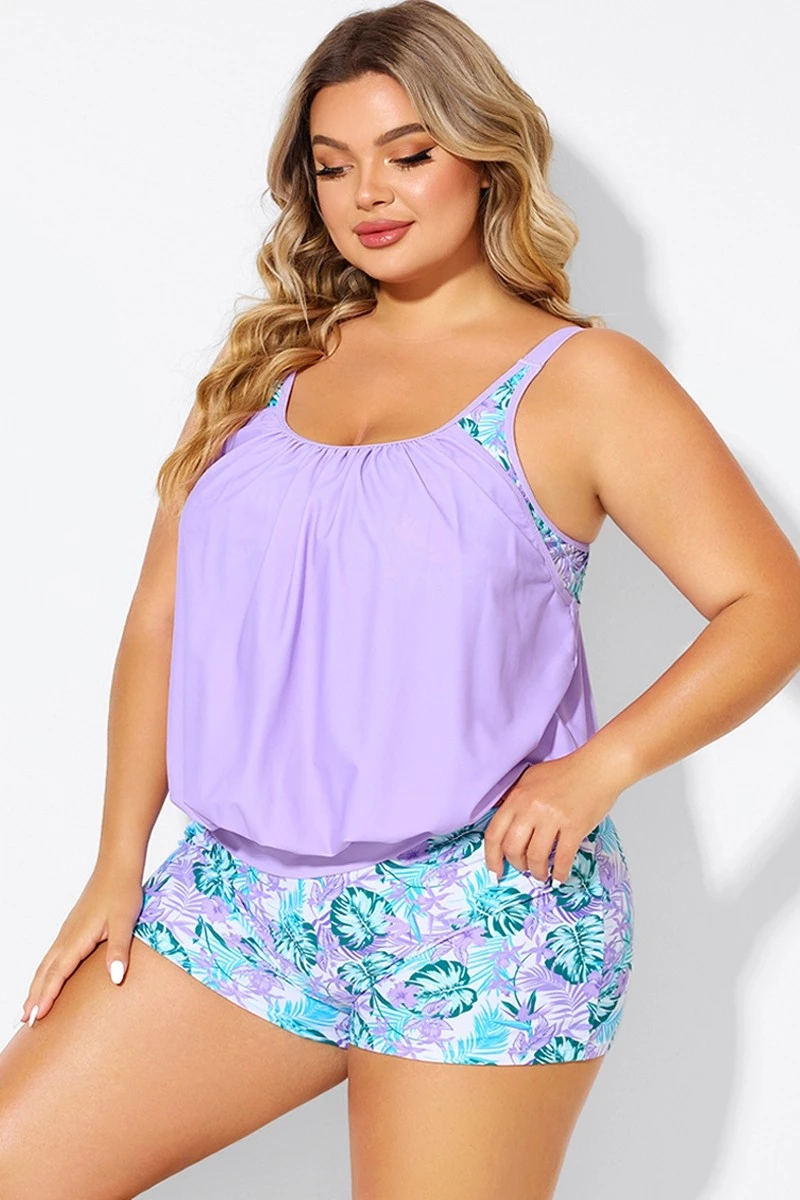 Plus Size Floral Print Light Purple Tankini Top - Image 6