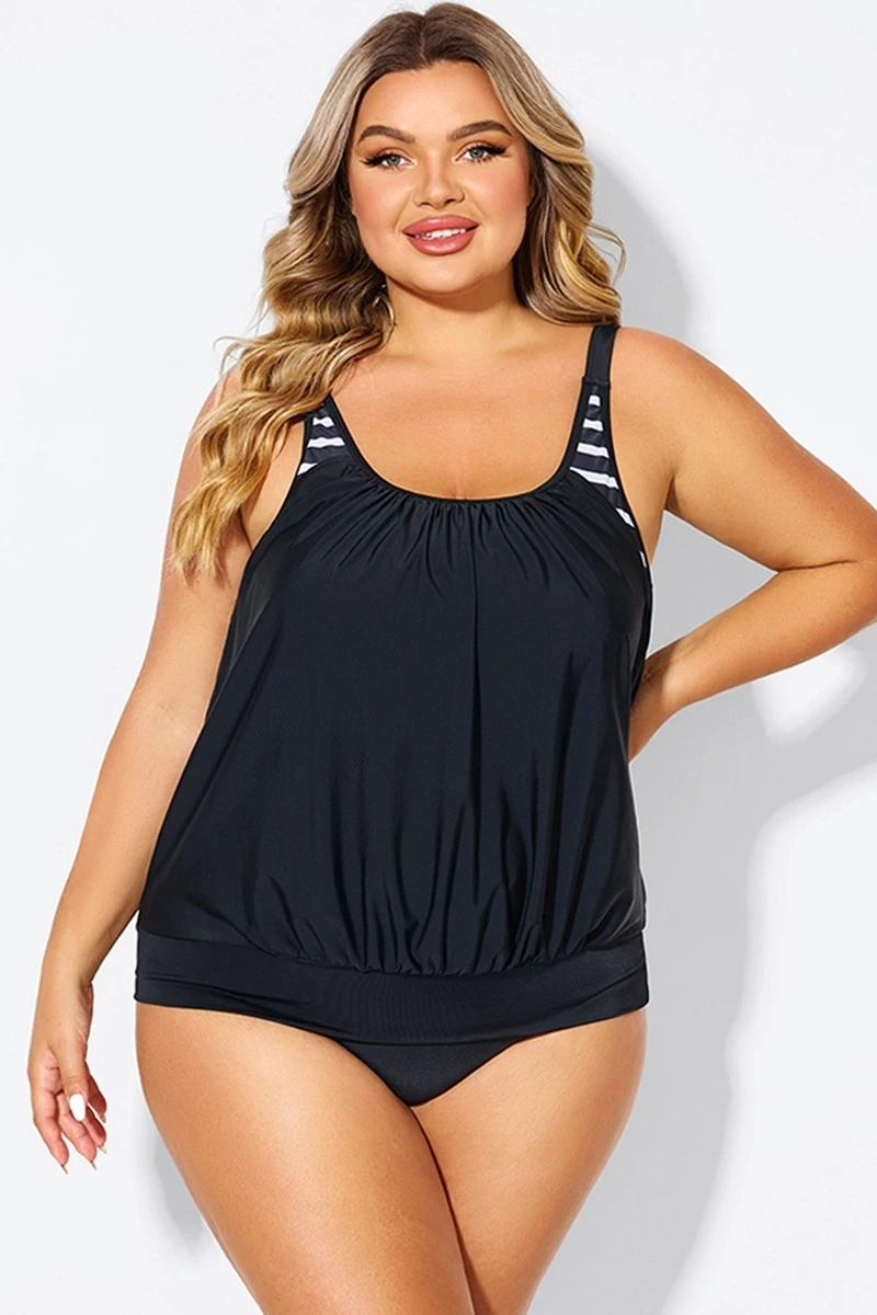 Black & White Striped Drawstring Side Tankini Top - Image 3