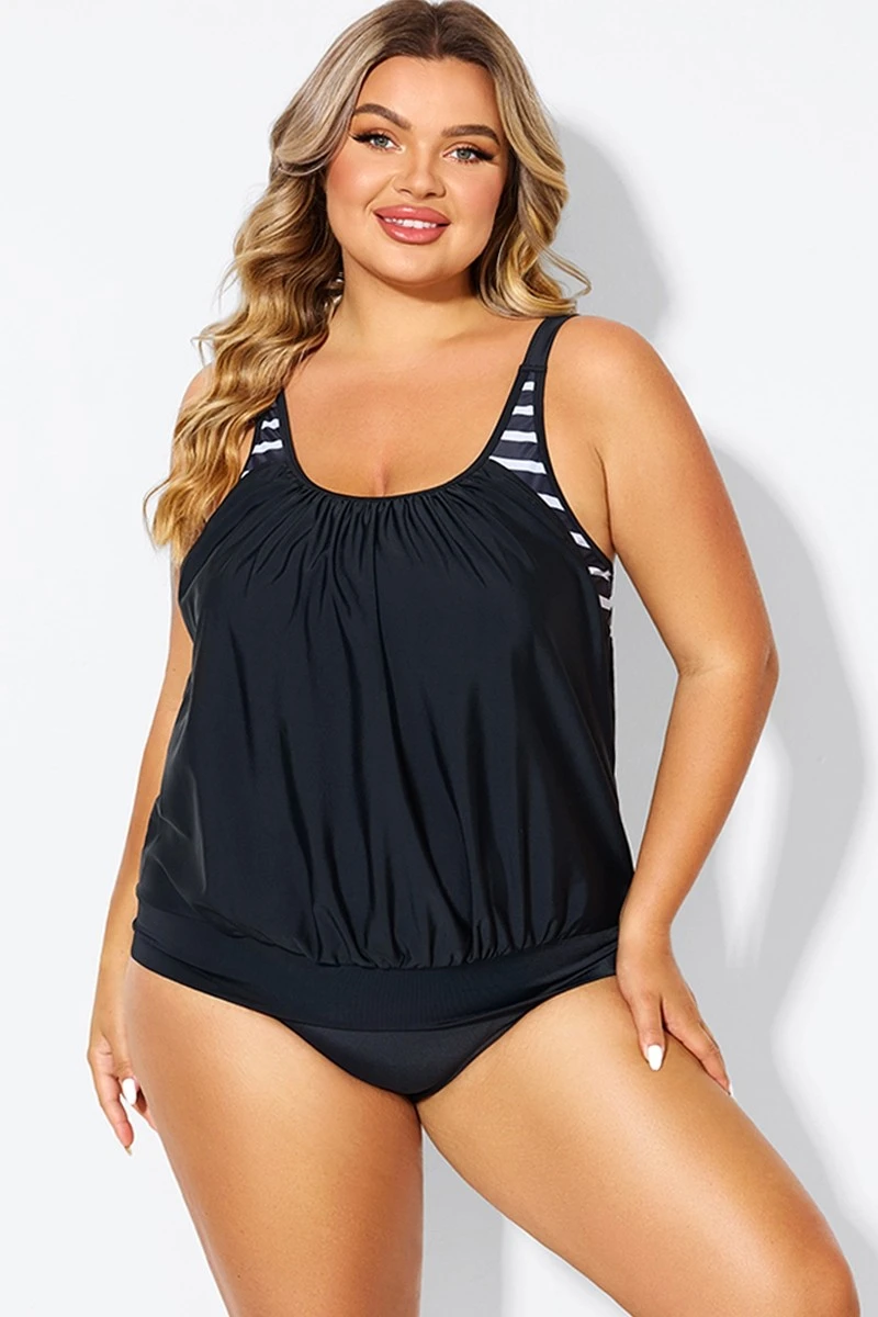 Black & White Striped Drawstring Side Tankini Top - Image 4