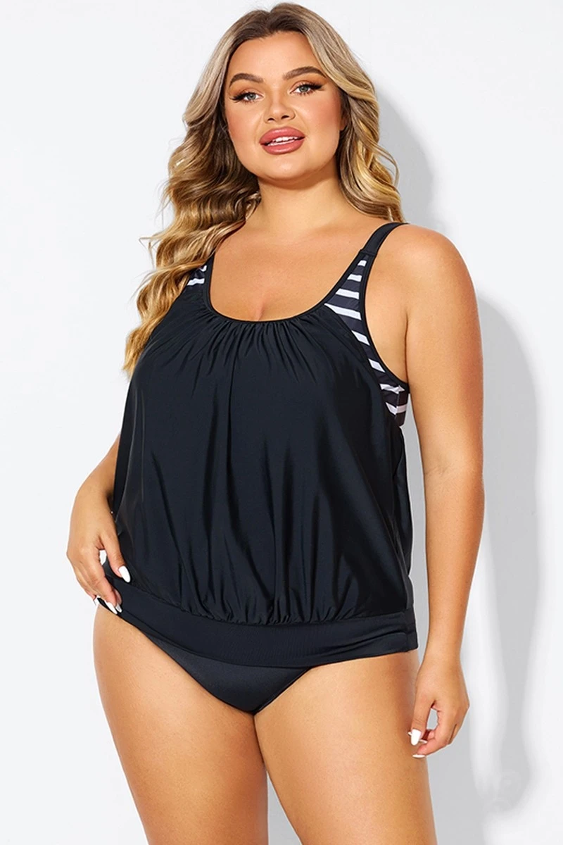 Black & White Striped Drawstring Side Tankini Top - Image 6