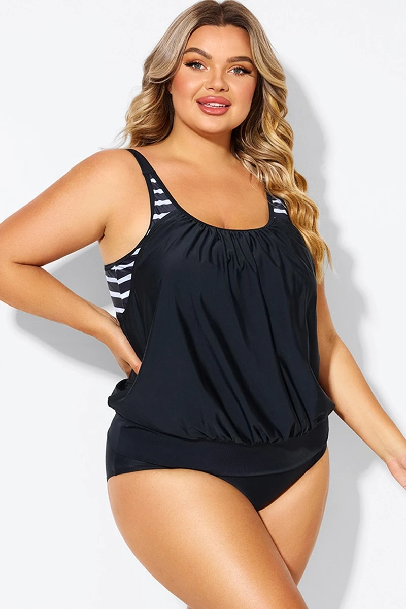 Black & White Striped Drawstring Side Tankini Top - Image 5