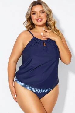 Navy High Neck Blouson Women Tankini Top