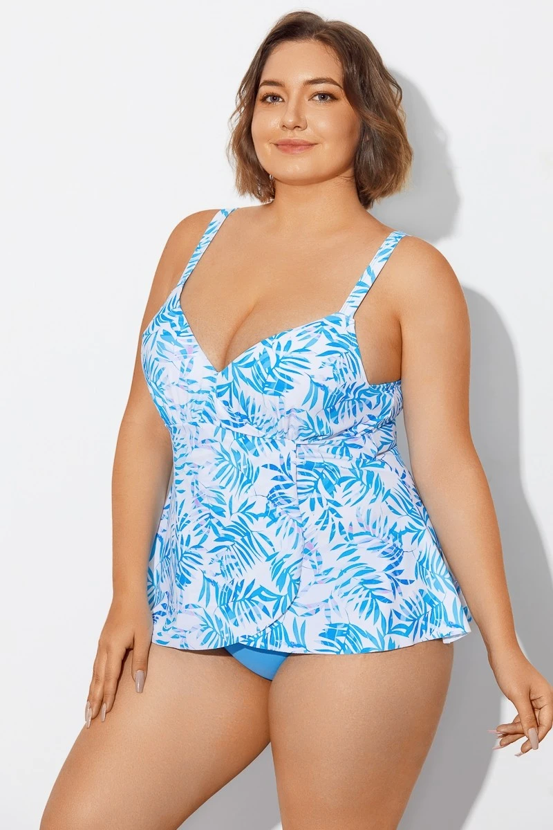 Blue Purple Palm Faux Flyaway Underwire Tankini Top - Image 3