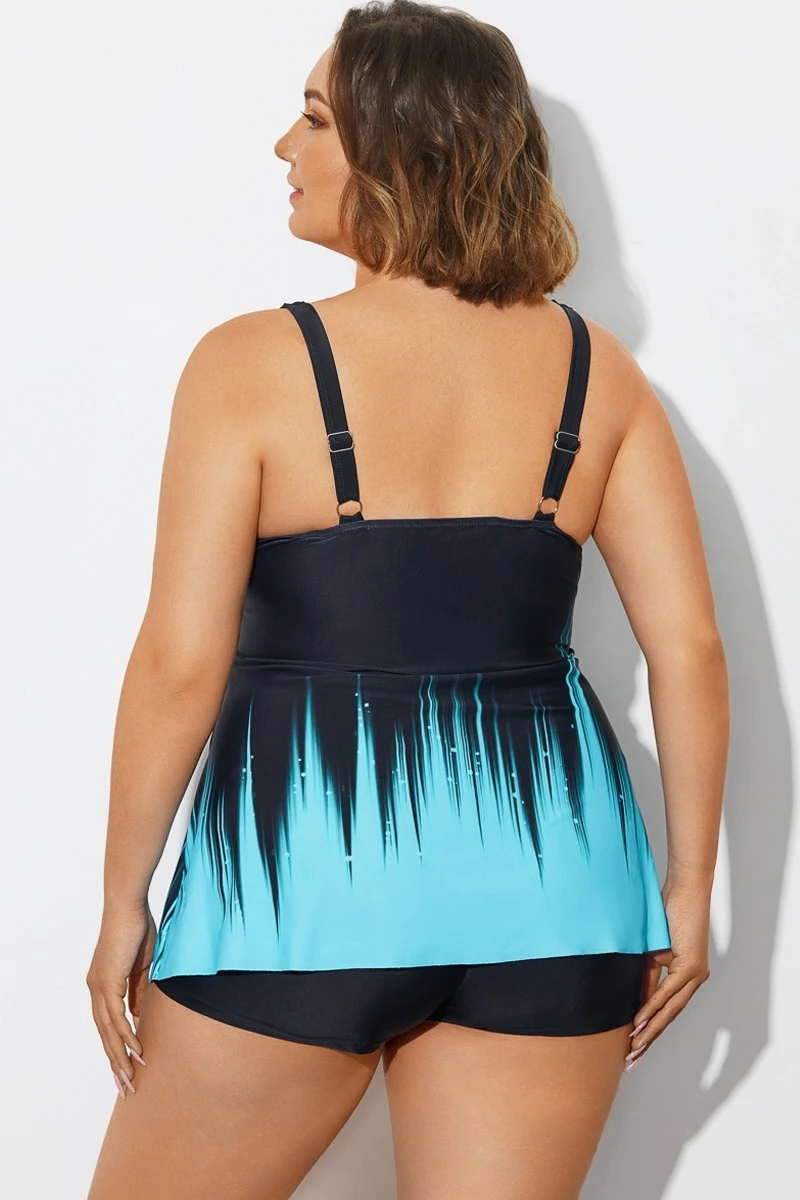 Cross Front Wide Strap Blue Ombre Tankini Top - Image 2