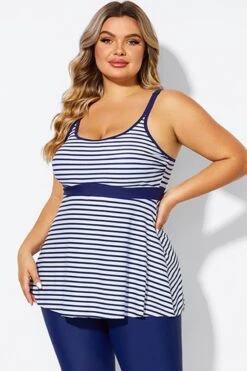 Blue＆White Stripe Adjustable Strap Tankini Top