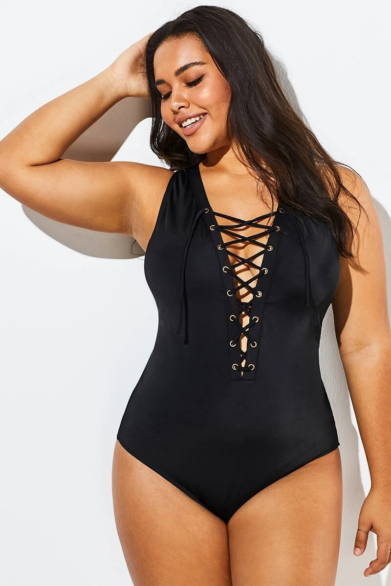 Black Lace Up One Piece Open Back Swimsuit - Image 5