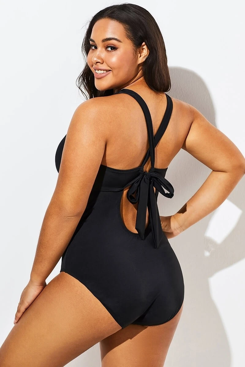Black Lace Up One Piece Open Back Swimsuit - Image 2