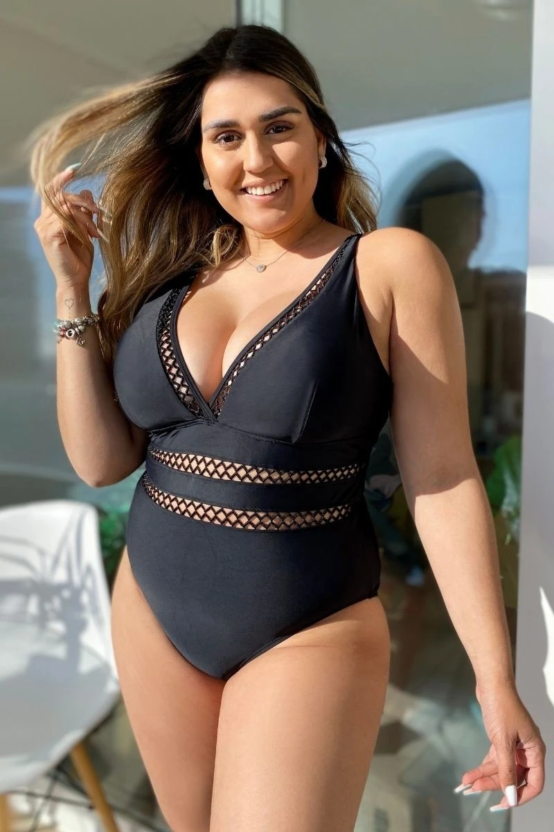 Black Lattice Plunge V-neck One Piece Swimsuit