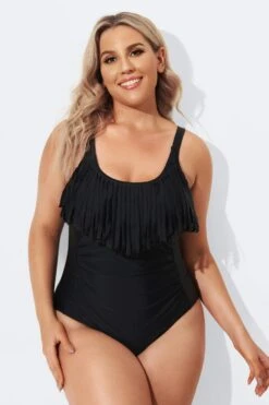 Black V-Neck Fringe Vintage One Piece Swimsuits
