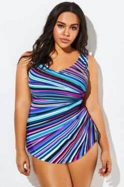 Colorful Prism Sarong Front One Piece Swimsuit