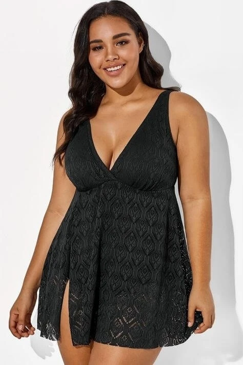 Black Crochet Side Slit V-Neck Graceful Swimdress - Image 4