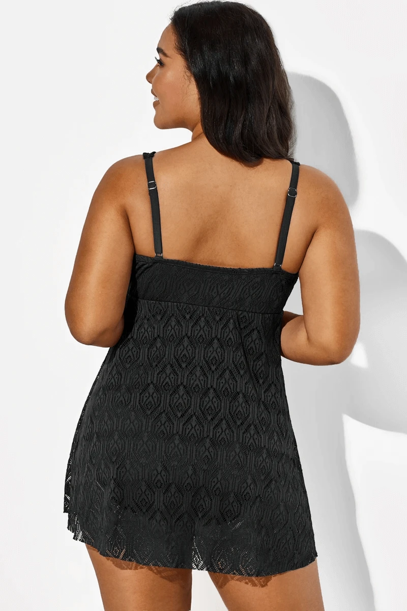 Black Crochet Side Slit V-Neck Graceful Swimdress - Image 2