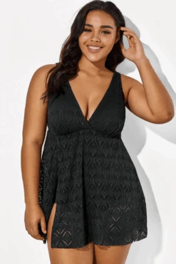 Black Crochet Side Slit V-Neck Graceful Swimdress