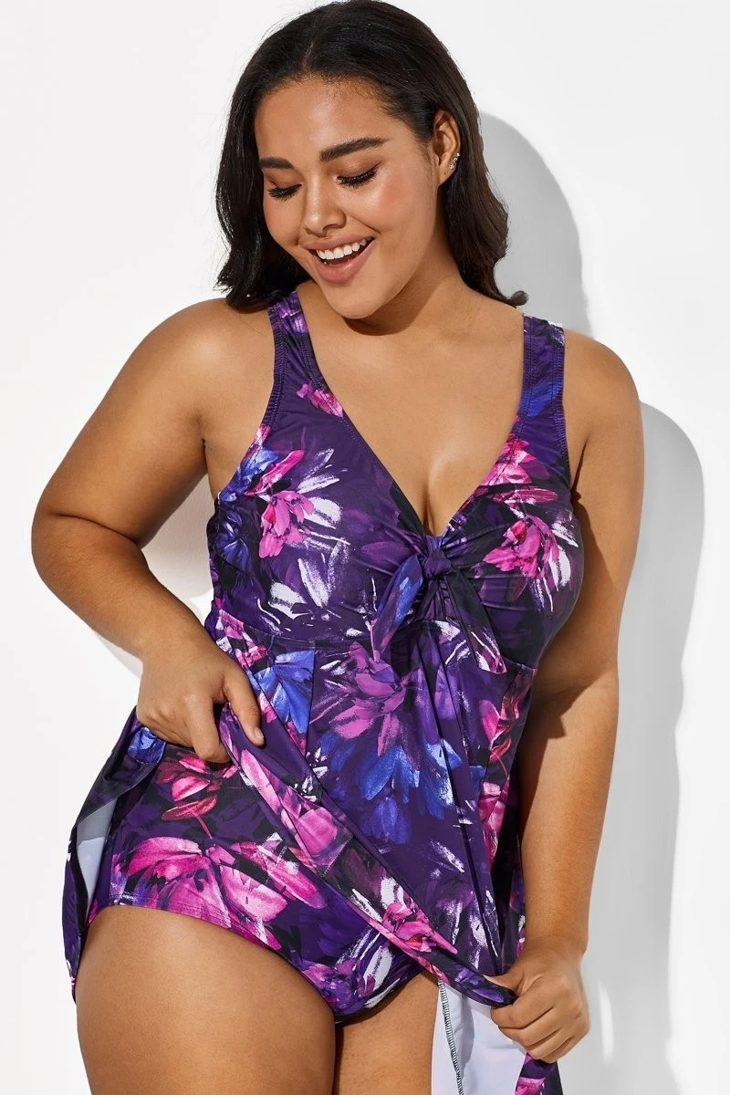Multicolored Lotus Tie Front V-Neck Swimdress - Image 2