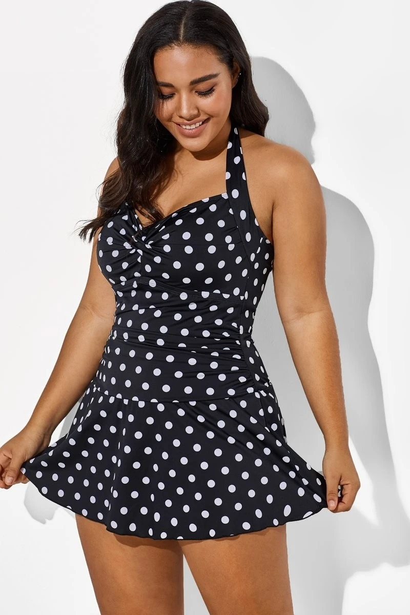 Black Halter Sweetheart Polka Dot Sexy Swimdress