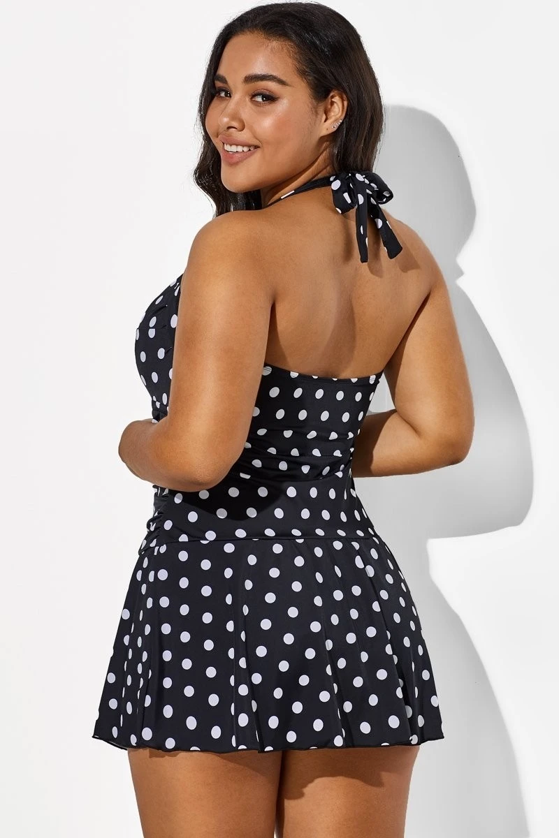 Black Halter Sweetheart Polka Dot Sexy Swimdress - Image 2