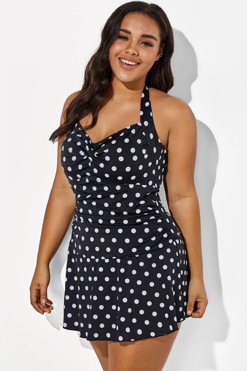Black Halter Sweetheart Polka Dot Sexy Swimdress - Image 3
