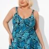 Blue Leaves Printed V-neck Women Swimdress