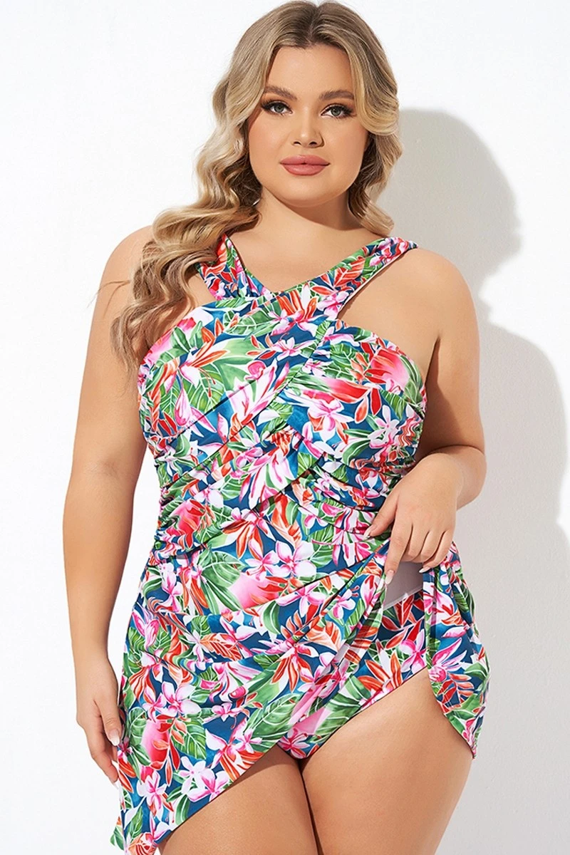 Tropic Pattern High Neck Wrap Front Swimdress - Image 3