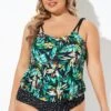 Green Leaf Adjustable Straps Blouson Tankini Top
