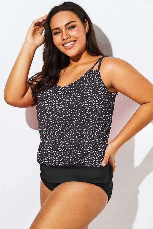Black White Dot Loop Strap Blouson Tankini Top - Image 4