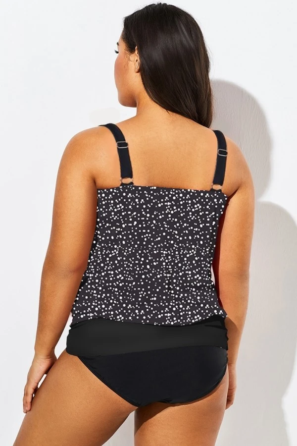 Black White Dot Loop Strap Blouson Tankini Top - Image 5