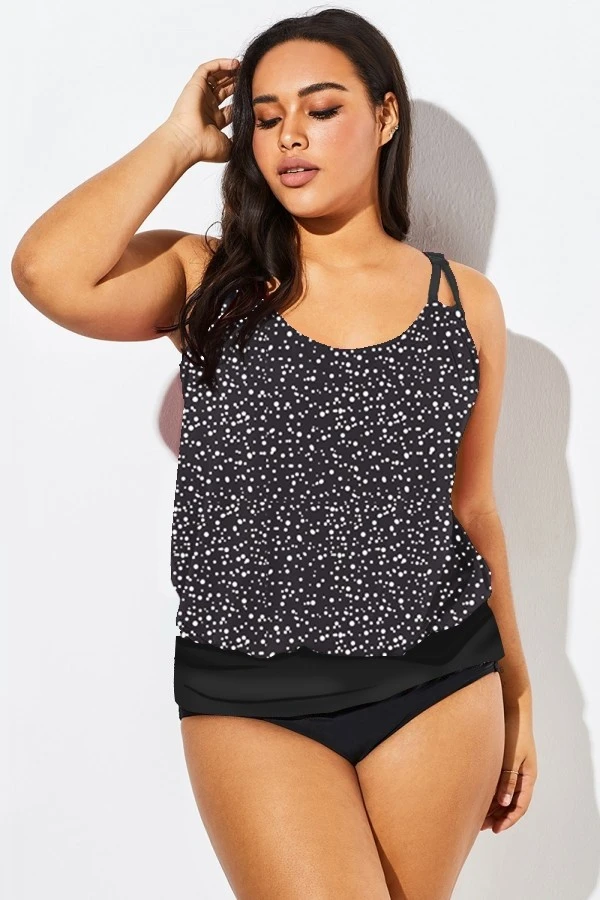 Black White Dot Loop Strap Blouson Tankini Top - Image 6