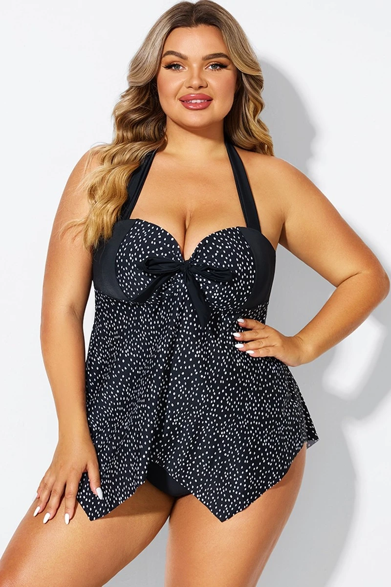 White Dots Bow Handkerchief Halter Tankini Top - Image 4