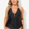 Black Deep V-Neck Self-Tie Plunge Tankini Set