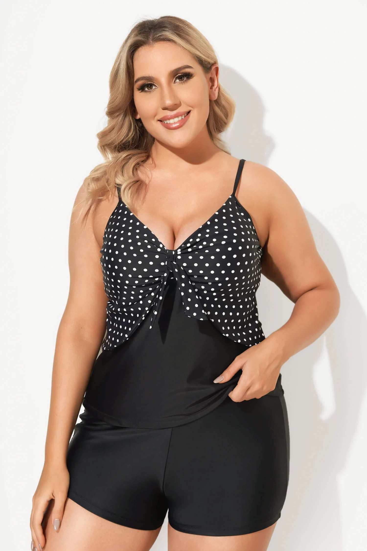 Black Dots Sweetheart Neck Tie Front Tankini Top - Image 3